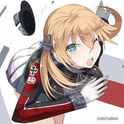 Rule 34 | 10s, 1girl, anchor hair ornament, aqua eyes, blonde hair, blush, gloves, hair ornament, hat, kantai collection, leaning forward, long hair, looking at viewer, military, military uniform, one eye closed, open mouth, peaked cap, prinz eugen (kancolle), simple background, skirt, solo, sts, twintails, twitter username, uniform, white gloves