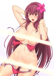 Rule 34 | 1girl, :o, arm up, blush, breasts, censored, collarbone, cowboy shot, dutch angle, fate/grand order, fate (series), female pubic hair, flower, gradient background, hair between eyes, hair flower, hair intakes, hair ornament, hand up, highres, hip focus, large breasts, light censor, long hair, looking down, navel, nipples, open mouth, pubic hair, purple background, purple flower, purple hair, pussy, red eyes, red hair, scathach (fate), scathach (fate/grand order), scathach (swimsuit assassin) (fate), shukurimu, sidelocks, solo, swimsuit, thighs, very long hair, wardrobe malfunction, white background