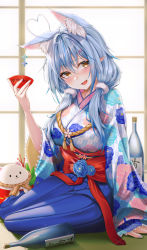 Rule 34 | 1girl, absurdres, ahoge, animal ear fluff, animal ears, blue hair, blue hakama, blue skirt, blush, bratja, breasts, cat ears, colored tips, commentary, cup, daifuku (yukihana lamy), elf, extra ears, floral print, hair between eyes, hair ornament, hairclip, hakama, hakama skirt, heart, heart ahoge, highres, hololive, japanese clothes, kimono, large breasts, long hair, looking at viewer, low twintails, multicolored hair, obi, pointy ears, print kimono, sakazuki, sash, skirt, solo, streaked hair, symbol-only commentary, twintails, virtual youtuber, wide sleeves, yellow eyes, yukihana lamy, yukihana lamy (new year)