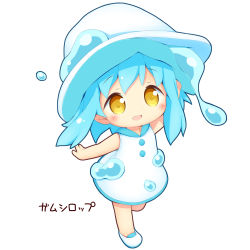 Rule 34 | 1girl, aikei ake, bare arms, bare shoulders, blue hair, blue sailor collar, blush, chibi, dress, full body, hat, highres, long hair, open mouth, original, personification, sailor collar, sailor dress, shoes, simple background, sleeveless, sleeveless dress, solo, standing, standing on one leg, translation request, water, white background, white dress, white footwear, white hat, yellow eyes