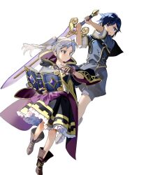 Rule 34 | 1boy, 1girl, aged down, attack, black coat, black gloves, blue eyes, blue hair, book, braid, chrom (child) (fire emblem), chrom (fire emblem), coat, fingerless gloves, fire emblem, fire emblem awakening, fire emblem heroes, gloves, grey eyes, highres, holding, holding book, holding sword, holding weapon, nintendo, non-web source, open book, robin (female) (child) (fire emblem), robin (female) (fire emblem), robin (fire emblem), swing, sword, twintails, v-shaped eyebrows, weapon, white hair