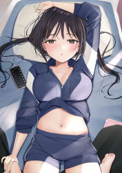 Rule 34 | 1boy, 1girl, absurdres, arm up, bad id, bad pixiv id, barefoot, blush, book, breasts, brown eyes, brown hair, cellphone, cleavage, commentary request, dappled sunlight, futon, hand on leg, highres, jacket, large breasts, looking at viewer, lying, messy hair, midriff, navel, on back, original, out of frame, panties, panty peek, parted lips, phone, pillow, pink panties, pov, shorts, sitting, soles, sunlight, sweat, track jacket, track suit, twintails, uiri-na, underwear, unzipped, wariza