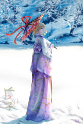 Rule 34 | 1girl, alternate costume, alternate hairstyle, artist name, azibuda, backlighting, bad id, bad pixiv id, bare tree, blonde hair, blurry, blurry background, breasts, colored eyelashes, day, floral print, gradient kimono, hair between eyes, hair bun, highres, holding, holding umbrella, ice, japanese clothes, kimono, large breasts, large ribbon, looking afar, mouse (animal), nature, new year, nose, oil-paper umbrella, outdoors, parted lips, pink lips, purple eyes, purple kimono, red ribbon, red umbrella, ribbon, short hair, short hair with long locks, signature, single hair bun, snow, snow print, solo, sunlight, touhou, tree, umbrella, white kimono, wide sleeves, wind, yakumo yukari, yin yang, yin yang print