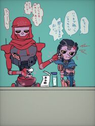 Rule 34 | 1boy, 1girl, = =, @ @, abyuramu yukidaruma, android, anger vein, animification, apex legends, ash&#039;s rat (apex legends), ash (titanfall 2), bandana, black sclera, blue leotard, bowl, cable hair, cheek pinching, classic revenant, colored sclera, cracked skin, highres, hood, hood down, hooded leotard, humanoid robot, leotard, looking to the side, metal skin, mouse (animal), pinching, red bandana, revenant (apex legends), robot, simulacrum (titanfall), speech bubble, translation request, v-shaped eyebrows, yellow eyes