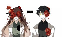Rule 34 | 1boy, 1girl, aislan, ayin (project moon), black shirt, brown hair, carmen (project moon), closed mouth, coat, collared shirt, facing viewer, flower, flower over eye, flower over eyes, green shirt, half updo, highres, hole in chest, hole on body, lab coat, lobotomy corporation, long hair, long sleeves, looking at viewer, messy hair, project moon, red flower, shirt, upper body, very long hair, white coat, wing collar