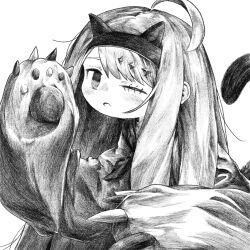 Rule 34 | 1girl, ahoge, alternate costume, animal ear hairband, animal ears, blush, cat ear hairband, cat ears, cat tail, expressionless, fake animal ears, fake tail, greyscale, hairband, hands up, highres, kilsturgeon, long hair, looking at viewer, monochrome, namae shirezu, neckerchief, one eye closed, open mouth, paw sleeves, sidelocks, simple background, solo, sparkle hair ornament, stitched eye, swept bangs, tail, upper body, utau, very long hair