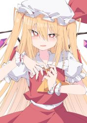 Rule 34 | 1girl, alternate hair length, alternate hairstyle, arms up, ascot, blonde hair, blush, breasts, bright pupils, buttons, commentary request, crystal, fang, fingernails, flandre scarlet, frilled shirt collar, frilled skirt, frills, hair between eyes, hat, hat ribbon, highres, knees, long hair, looking at viewer, mob cap, one side up, open mouth, puffy short sleeves, puffy sleeves, red ribbon, red skirt, red vest, ribbon, shirt, short sleeves, side ponytail, sidelocks, simple background, skin fang, skirt, smile, solo, standing, touhou, tsukimirin, very long hair, vest, white background, white hat, white pupils, white shirt, wings, wrist cuffs, yellow ascot
