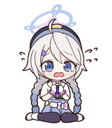 Rule 34 | 1girl, achilles (yosshyachillesd), ahoge, belt, black pantyhose, blue archive, blue eyes, blue necktie, blush, boots, braid, chibi, cropped jacket, crying, crying with eyes open, cuffs, flying sweatdrops, gloves, hair between eyes, hair ornament, hairclip, halo, handcuffs, hat, jacket, kirino (blue archive), long hair, long sleeves, necktie, open mouth, panicking, pantyhose, police, police hat, police uniform, policewoman, purple halo, simple background, sitting, smoke grenade, solo, tears, twin braids, uniform, wariza, white background, white footwear, white gloves, white hair, white jacket