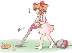 Rule 34 | 1girl, bare shoulders, bow, brown hair, constricted pupils, dress, drill hair, full body, hair bow, jewelry, messy, mizusoba, necklace, no headwear, no headwear, no jacket, open mouth, profile, ring, skirt, socks, solo, touhou, translated, twin drills, vacuum cleaner, walking, yorigami jo&#039;on