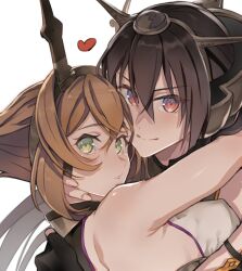 Rule 34 | 2girls, black gloves, black hair, blush, breasts, brown hair, closed mouth, cosmic (crownclowncosmic), gloves, green eyes, hair between eyes, headgear, heart, kantai collection, large breasts, long hair, looking at viewer, multiple girls, mutsu (kancolle), nagato (kancolle), parted lips, red eyes, short hair, simple background, upper body, white background, yuri
