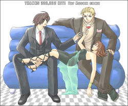 Rule 34 | 00s, 1girl, 2000s (style), 2boys, black suit, blue couch, blue eyes, bracelet, brown hair, checkered floor, cocktail dress, crossed legs, cup, dress, dress shoes, drinking glass, final fantasy, final fantasy viii, formal, gladiator sandals, green eyes, handkerchief, high heels, jewelry, lying on lap, multiple boys, necktie, parted bangs, red wine, rendezvous, sandals, scar, scar on face, seifer almasy, selphie tilmitt, short hair, sitting, squall leonhart, square enix, suit, turtleneck, wine glass