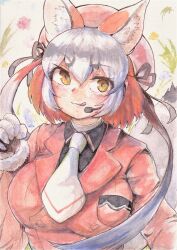 Rule 34 | 1girl, animal ears, blazer, extra ears, fox ears, fox girl, gloves, grey hair, hat, highres, island fox (kemono friends), jacket, kemono friends, kemono friends v project, long hair, looking at viewer, microphone, multicolored hair, necktie, okyao, orange hair, ribbon, shirt, simple background, solo, tongue, twintails, two-tone hair, upper body, virtual youtuber, yellow eyes