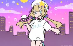 Rule 34 | 1girl, absurdres, beret, blonde hair, blue eyes, bubble, character name, commentary request, copyright name, copyright notice, floating hair, hat, highres, jelee-chan, jellyfish, long hair, low twintails, night, night sky, no humans, official art, open mouth, shirt, short sleeves, sketch, sky, solo, star (symbol), twintails, umituki yoru, white hair, white shirt, yoru no kurage wa oyogenai