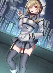 Rule 34 | 1girl, 9-nine-, absurdres, black choker, blonde hair, breasts, choker, cigarette, cityscape, commentary request, commission, day, dutch angle, feet out of frame, gabanborjarnon, garter straps, ghost (9-nine-), grey skirt, grey thighhighs, hair between eyes, hair over one eye, hand up, highres, hood, hood up, hoodie, long bangs, long hair, long sleeves, looking at viewer, medium breasts, miniskirt, night, one eye covered, open mouth, outdoors, pleated skirt, red eyes, rooftop, skeb commission, skindentation, skirt, smoke, smoking, solo, standing, thighhighs, thighs, tsurime, white hoodie, wide sleeves, zettai ryouiki