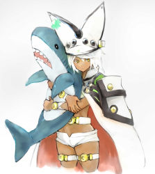 Rule 34 | 1girl, absurdres, bana (stand flower), cape, closed mouth, dark skin, dark-skinned female, guilty gear, guilty gear xrd, hat, highres, ikea shark, long hair, looking at viewer, ramlethal valentine, short shorts, shorts, simple background, solo, stuffed animal, stuffed shark, stuffed toy, thigh strap, white background, white hair, yellow eyes