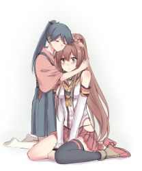 Rule 34 | 10s, 2girls, black hair, black legwear, blush, brown eyes, brown hair, comforting, crying, crying with eyes open, detached sleeves, closed eyes, hand on another&#039;s head, head hug, houshou (kancolle), hug, kantai collection, kneeling, light smile, long hair, multiple girls, mylovelydevil, parted lips, ponytail, single thighhigh, sitting, skirt, tears, thighhighs, v arms, very long hair, wariza, white legwear, yamato (kancolle)