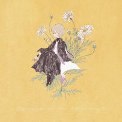 Rule 34 | 1girl, black footwear, blush, book, bug, butterfly, english text, flower, grey hair, highres, holding, holding book, bug, long sleeves, momo walnut, original, plant, profile, short hair, simple background, solo, white flower, yellow background
