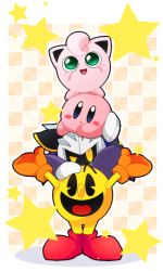 Rule 34 | 1girl, 3boys, artist request, blush stickers, cape, checkered background, creatures (company), crossover, game freak, gen 1 pokemon, gloves, jigglypuff, kirby, kirby (series), looking at viewer, mask, meta knight, multiple boys, nintendo, no humans, orb, pac-man, pac-man (game), pauldrons, pokemon, pokemon (creature), shoulder armor, smile, star (symbol), super smash bros., tagme