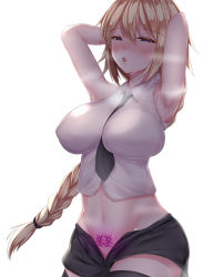 Rule 34 | 1girl, :o, armpits, arms behind back, arms up, between breasts, black necktie, black shorts, black thighhighs, blonde hair, blush, braid, breasts, collared shirt, covered erect nipples, cowboy shot, fate/apocrypha, fate (series), hair between eyes, hair tie, half-closed eyes, impossible clothes, impossible shirt, jeanne d&#039;arc (fate), jeanne d&#039;arc (girl from orleans) (fate), jeanne d&#039;arc (ruler) (fate), large breasts, long hair, looking at viewer, navel, necktie, necktie between breasts, open fly, open mouth, pubic tattoo, purple eyes, re:ia, shirt, short shorts, shorts, simple background, single braid, sleeveless, sleeveless shirt, solo, standing, steam, stomach, sweat, tattoo, thighhighs, very long hair, white background, white shirt, wing collar