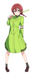Rule 34 | 1girl, blue eyes, braid, breast pocket, brown footwear, brown hair, commentary, commentary request, dress, emma verde, freckles, full body, glowstick, green dress, grey socks, highres, holding, holding glowstick, loafers, long sleeves, looking at viewer, love live!, love live! nijigasaki high school idol club, medium hair, penlight (glowstick), pocket, ryouran! victory road (love live!), shiitake taishi, shoes, smile, socks, solo, transparent background, twin braids, v-shaped eyebrows