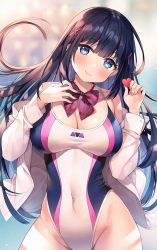 Rule 34 | 1girl, ayamy, bare shoulders, black hair, blue eyes, breasts, cleavage, competition swimsuit, covered navel, cowboy shot, floating hair, groin, hair ornament, hands up, head tilt, heart, highleg, highleg swimsuit, highres, holding, impossible clothes, impossible swimsuit, jacket, large breasts, long hair, looking at viewer, miyawaki sana, off shoulder, one-piece swimsuit, open clothes, open jacket, original, smile, solo, swimsuit, thighs, white jacket, x hair ornament