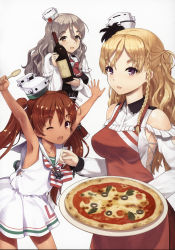 Rule 34 | 3girls, ;d, apron, armpits, arms up, bare shoulders, blonde hair, bottle, braid, breasts, brown eyes, brown hair, corset, dark-skinned female, dark skin, dress, fang, food, french braid, grey hair, hair ribbon, hat, highres, holding, holding food, holding pizza, jiji (aardvark), kantai collection, large breasts, libeccio (kancolle), long hair, looking at viewer, mini hat, multiple girls, official art, one eye closed, open mouth, pizza, pola (kancolle), purple eyes, ribbon, sailor dress, shirt, sideboob, skirt, sleeveless, smile, spoon, tan, tilted headwear, twintails, wavy hair, white shirt, white skirt, wine bottle, yellow eyes, zara (kancolle)