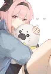 Rule 34 | 1girl, animal, animal hug, arknights, black hairband, black ribbon, black skirt, blue jacket, closed mouth, eyebrows hidden by hair, feet out of frame, hair between eyes, hair ribbon, hairband, heart, highres, jacket, knees up, long sleeves, looking at viewer, nagute, open clothes, open jacket, pink hair, pudding (arknights), puffy long sleeves, puffy sleeves, red eyes, ribbon, seal (animal), shirt, simple background, skirt, solo, thick eyebrows, turtleneck, white background, white shirt