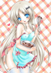 Rule 34 | 1girl, apron, bat hair ornament, blue eyes, blush, bowl, breasts, chocolate, cowboy shot, eyes visible through hair, frilled apron, frills, hair ornament, head tilt, heart, holding, holding bowl, light brown hair, little busters!, long hair, looking at viewer, mixing bowl, naked apron, noumi kudryavka, open mouth, plaid, plaid background, ren (endscape20), silver hair, small breasts, smile, solo, strap slip, thighhighs, traditional media, very long hair, whisk, white apron, white thighhighs