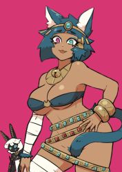 Rule 34 | 2girls, :3, animal ears, blue eyes, blue hair, bracelet, cat girl, circlet, covering privates, covering crotch, cowboy shot, eyeshadow, fang, female pubic hair, hand on own hip, harusame10000, heterochromia, highres, jewelry, makeup, multiple girls, neck bell, open mouth, original, pink background, pink eyes, pubic hair, short hair, smile, tail, usekh collar