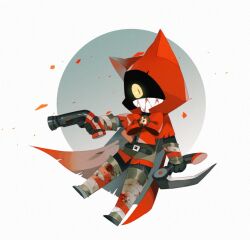 Rule 34 | 1girl, 21 ke, animal hood, belt, black belt, black gloves, black pants, blood, blood on clothes, boots, cape, cat hood, chibi, chinese commentary, commentary request, eyes in shadow, film grain, gloves, grey shirt, gun, holding, holding gun, holding weapon, hood, hooded cape, little red riding hooded mercenary, lobotomy corporation, long sleeves, neck ribbon, pants, project moon, red cape, red ribbon, ribbon, shirt, solo, weapon