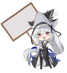 Rule 34 | 1girl, :d, arknights, black dress, black headwear, black pantyhose, chibi, dress, fang, full body, highres, holding, holding sign, long hair, long sleeves, multico, open mouth, pantyhose, red eyes, sign, simple background, skin fang, smile, solo, specter (arknights), specter the unchained (arknights), template, v-shaped eyebrows, very long hair, white background, white hair