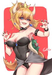 Rule 34 | 1girl, armlet, armpits, artist name, bare shoulders, black collar, black leotard, black nails, blonde hair, blue eyes, bowsette, bracelet, breasts, brooch, cleavage, cokio, collar, collarbone, commentary request, covered navel, cowboy shot, cropped legs, crown, earrings, eyebrows, fingernails, hands up, highleg, highleg leotard, highres, horns, jewelry, large breasts, legs, leotard, long hair, looking at viewer, mario (series), nail polish, new super mario bros. u deluxe, nintendo, open mouth, palms, paw pose, ponytail, shaded face, sharp fingernails, sharp teeth, shell, sidelocks, skindentation, solo, spiked bracelet, spiked collar, spiked shell, spiked tail, spikes, standing, strapless, strapless leotard, super crown, tail, teeth, turtle shell, two-tone background, v-shaped eyebrows