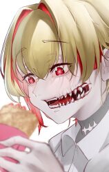 Rule 34 | 1girl, blonde hair, bright pupils, collared shirt, colored sclera, crepe, crossed bangs, curtained hair, food, from side, glasgow smile, highres, holding, holding food, looking at food, monster girl, multicolored hair, open mouth, original, red eyes, red hair, red sclera, saliva, scar, scar on neck, sharp teeth, shirt, solo, streaked hair, teeth, tomuanago, white background, white pupils, white shirt