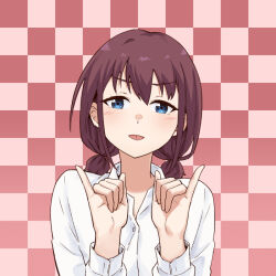 Rule 34 | 1girl, blue eyes, blush, checkered background, commentary, dress shirt, girls band cry, hands up, iseri nina, long sleeves, looking at viewer, low twintails, pinky out, purple hair, red background, shirt, short hair, short twintails, sidelocks, solo, summer left, tongue, tongue out, twintails, upper body, white shirt