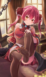 Rule 34 | 1girl, blush, coin, feet, hand on own knee, heterochromia, highres, hololive, houshou marine, long hair, looking at viewer, misashi (raichi821), no shoes, pink hair, red eyes, see-through, see-through legwear, smile, toes, treasure chest, twintails, virtual youtuber, yellow eyes