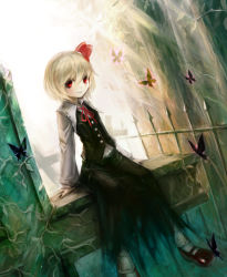 Rule 34 | 1girl, backlighting, blonde hair, bug, butterfly, hair ribbon, highres, insect, long sleeves, looking at viewer, overgrown, plant, red eyes, ribbon, rumia, shirt, sitting, skirt, skirt set, smile, solo, spark621, touhou, vest, vines