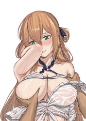 Rule 34 | 1girl, absurdres, armpits, blush, breast hold, breasts, brown hair, closed mouth, girls&#039; frontline, green eyes, hair ribbon, hand in own hair, highres, kuro (zhurunbo1997), large breasts, long hair, looking away, nipples, official alternate costume, ribbon, shirt, solo, springfield (girls&#039; frontline), springfield (stirring mermaid) (girls&#039; frontline), sweat, sweatdrop, wet, wet clothes, wet shirt, white background, white shirt