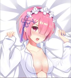 Rule 34 | 10s, 1girl, blush, breasts, cleavage, close-up, collarbone, collared shirt, eyebrows, hair ornament, hair over one eye, hands up, headdress, long sleeves, looking at viewer, lying, medium breasts, nose blush, on back, one eye covered, open clothes, open mouth, open shirt, pink eyes, pink hair, ram (re:zero), re:zero kara hajimeru isekai seikatsu, rin (1860163), shirt, short hair, solo, tears, upper body, white shirt, x hair ornament