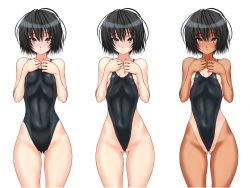 Rule 34 | 1girl, :&lt;, amagami, bad anatomy, bad id, bad pixiv id, black eyes, black hair, blush, breasts, cameltoe, competition swimsuit, covered erect nipples, covered navel, flat chest, highleg, highleg swimsuit, hip bones, hip focus, inagaki, looking at viewer, nanasaki ai, nipple slip, nipples, one-piece swimsuit, one-piece tan, partially visible vulva, see-through, short hair, simple background, skin tight, small breasts, swimsuit, tan, tanline, tight clothes, variations, wedgie, white background, wide hips