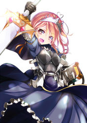 Rule 34 | 1girl, :d, arm up, black gloves, blonde hair, blue dress, boobplate, breastplate, dress, eyes visible through hair, fang, frilled dress, frilled sleeves, frills, gloves, hair between eyes, long hair, omochishiki, open mouth, original, sheath, simple background, skin fang, smile, solo, tiara, white background, yellow eyes