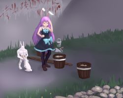 Rule 34 | 1girl, animal ears, black dress, blue bow, bow, brown footwear, bucket, bucket of water, rabbit, cookie (touhou), dress, grass, hisui (cookie), nature, paint, paint can, paint roller, purple hair, rabbit ears, rabbit tail, reisen udongein inaba, stone, tail, tongjm, touhou, translation request, wall, writing, writing on wall