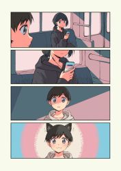 Rule 34 | 2boys, animal ear fluff, animal ears, black eyes, black hair, cat ears, cellphone, closed mouth, collarbone, comic, earphones, heart, highres, holding, holding phone, lgbt pride, long sleeves, low ponytail, multiple boys, original, parted lips, phone, silent comic, sitting, smartphone, trap