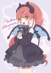 Rule 34 | 1girl, absurdres, black bow, black dress, black horns, black nails, black wings, bow, character name, cowboy shot, demon tail, demon wings, detached sleeves, dot nose, dress, highres, holding, holding wand, horns, looking at viewer, open mouth, orange eyes, ponytail, pretty series, pripara, red hair, shiratama mikan, solo, tail, uxu uxa axa, wand, wings