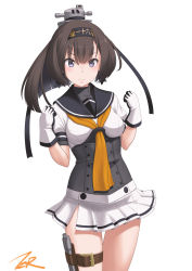 Rule 34 | 1girl, ahoge, akizuki (kancolle), black hair, black sailor collar, commentary request, corset, cowboy shot, gloves, grey eyes, hachimaki, headband, highres, kantai collection, looking at viewer, neckerchief, pleated skirt, ponytail, puffy short sleeves, puffy sleeves, sailor collar, school uniform, serafuku, short sleeves, simple background, skirt, solo, t2r, white background, white gloves, white skirt, yellow neckerchief