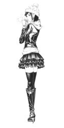 Rule 34 | 1girl, boots, female focus, full body, gloves, greyscale, hat, hood, hoodie, jacket, monochrome, original, simple background, skirt, solo, sousou (sousouworks), standing, thighhighs, white background, zettai ryouiki