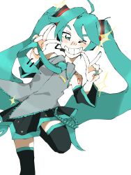 Rule 34 | 1girl, ahoge, blush, blush stickers, detached sleeves, double v, eyebrows hidden by hair, green eyes, green hair, hatsune miku, kayama yosi (yosiyosi), long hair, looking at viewer, nail polish, necktie, number tattoo, one eye closed, shirt, skirt, smile, sparkle, speaker, standing, standing on one leg, tattoo, teeth, thighhighs, twintails, v, very long hair, vocaloid, white background, wink