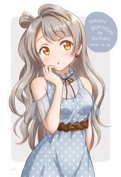 Rule 34 | 1girl, ahoge, birthday, blush, breasts, character name, ckst, cleavage, collarbone, commentary request, dated, earrings, english text, grey hair, happy birthday, highres, jewelry, long hair, love live!, love live! school idol project, medium breasts, minami kotori, one side up, see-through, sidelocks, signature, solo, yellow eyes