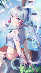 Rule 34 | 1girl, absurdres, alternate costume, arms behind back, ayaka (genshin impact), ayan (1593817922), bench, blue eyes, blunt bangs, bow, collared shirt, commentary request, contemporary, genshin impact, grey hair, hair bow, hair ribbon, highres, long hair, looking at viewer, midriff, necktie, park bench, parted lips, pleated skirt, ponytail, ribbon, school uniform, shirt, short sleeves, sidelocks, skirt, solo, string, tress ribbon, v arms