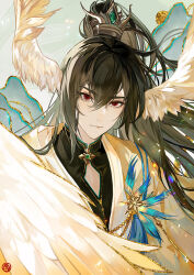 Rule 34 | 1boy, ayn alwyn, black hair, black shirt, brooch, chinese clothes, closed mouth, clothing cutout, feathered wings, feathers, full moon, hair between eyes, half updo, hanfu, head wings, high ponytail, jewelry, long hair, looking at viewer, lovebrush chronicles, male focus, moon, mountain, red eyes, robe, shirt, solo, tassel, upper body, white wings, wings, xiao guan (headdress), xuedaixun, yellow robe