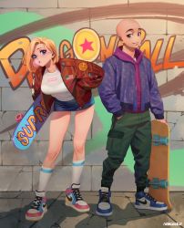 Rule 34 | 1boy, 1girl, alternate costume, american flag, android 18, bald, blonde hair, blue eyes, blue skirt, breasts, blowing bubbles, dragon ball, dragon ball (object), earrings, green pants, hand in pocket, holding, holding skateboard, hongcasso, hood, hood down, hoodie, jacket, jewelry, kuririn, large breasts, long hair, looking at viewer, open clothes, open jacket, pants, pink hoodie, purple jacket, red jacket, shirt, shoes, short hair, skateboard, skirt, sneakers, star (symbol), streetwear, white shirt